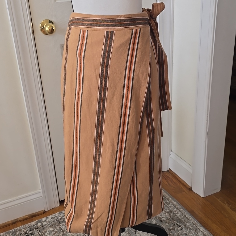 WORTHINGTON BRAND WOMEN'S PETITE BROWN STRIPES LINED WRAP SKIRT SIZE 10P